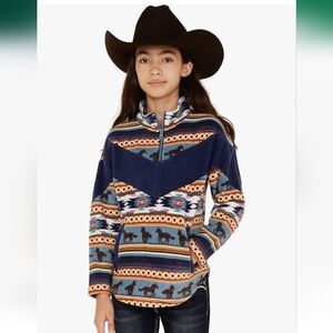 Cruel Girl Serape Stripe Horse Print Fleece PullOver Quarter Zip Navy Size 8